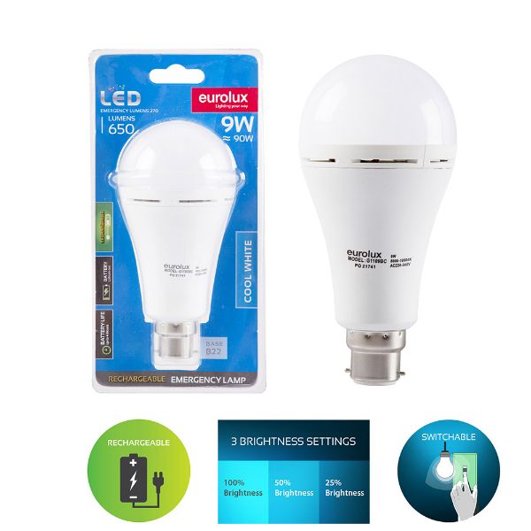 Eurolux Rechargeable Led Bulb 9W B22  | Buy Online in South Africa | Strand Hardware 
